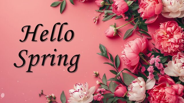 Pink flowers and green leaves on a pink background with the text 'Hello spring.