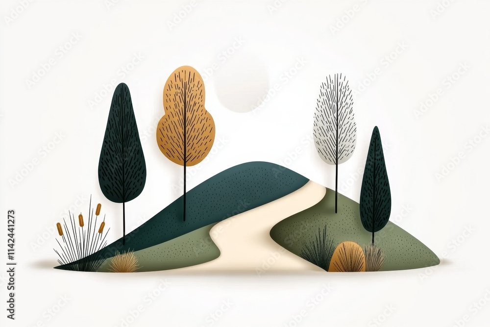 Aufkleber a stylized graphic of a winding forest trail, using simple shapes and muted earth tones to create a 