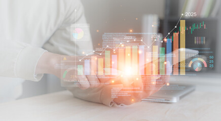 businessman trading in stock market exchange on virtual screen in office workplace signing investment documents and money management with trading chart financial planning for saving and passive income