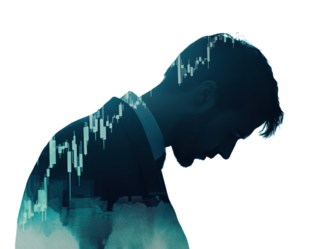 Silhouette of a man with financial data overlay, thoughtful expression.