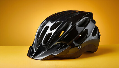Fototapeta premium A sleek black bicycle helmet with ventilation holes is displayed against a golden yellow background.