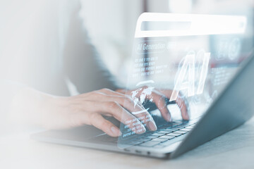 businessman using Ai technology in business by artificial intelligence,  smart robot AI, Futuristic technology transformation, using AI technology for developing running business on cloud computing