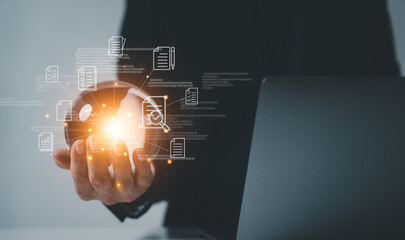 businessman on document planning the business plans and analyse  profitability of working companies with digital augmented virtual graphics for project manager working on laptop and update information
