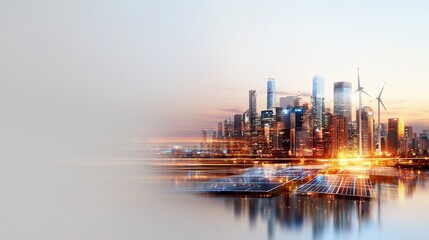 Futuristic Smart City with Renewable Energy Infrastructure at Sunset