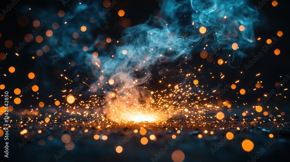 Poster a vivid explosion of sparks and smoke creates a dynamic visual effect.