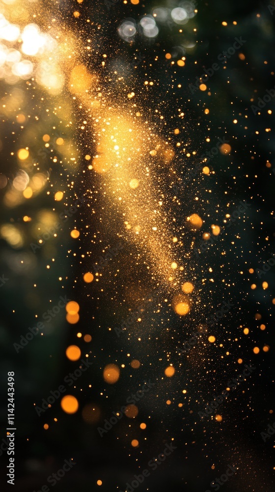 Poster a mesmerizing display of golden particles illuminated by sunlight in a natural setting.
