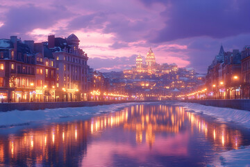Obraz premium Snowy Cityscape River Sunset Reflections, Winter Evening, Travel Brochure.