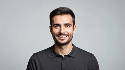 Obraz premium Portrait of positive Europen man pictured isolated on gray background