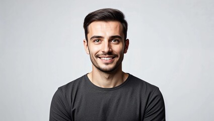 Obraz premium Portrait of positive Europen man pictured isolated on gray background