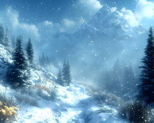 Snowy mountain path, winter wonderland landscape, snowfall background, idyllic travel scene.