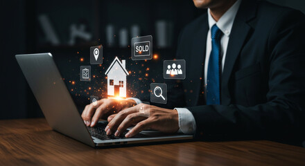 Fototapeta premium Real Estate Business Concept: Professional Using Laptop With Digital Home, Dollar, and Sold Icons