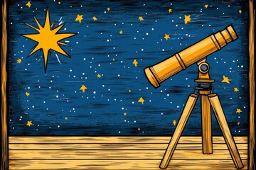 A vintage-style poster featuring a telescope pointed at the stars, with bold typography and muted earth tones evoking curiosity and focus