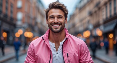 Fototapeta premium Caucasian man happy wearing pink jacket looking on camera