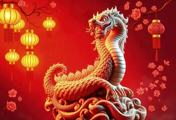 Obraz premium Chinese New Year Dragon Statue - Snake Statue - Chinese Perfect Background - Perfect Any Project