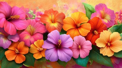 Vibrant Hibiscus Flowers in Vivid Colors on Artistic Background