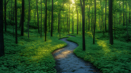 Fototapeta premium Sunlit forest path winding through lush green woods, background sunlight, nature peace.