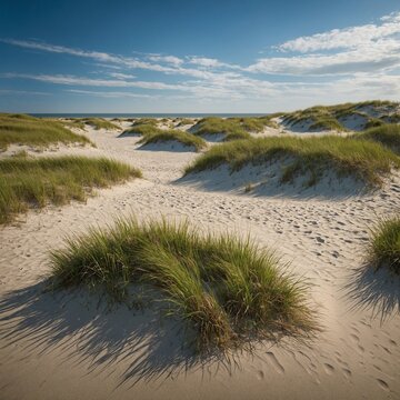 A vast beach with rolling dunes covered in beach grass.