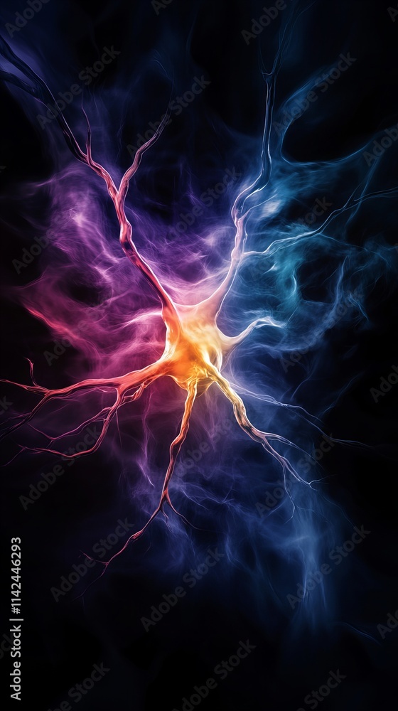Poster intricate neuron artwork, showcasing vibrant colors and complex branching structures. a captivating 