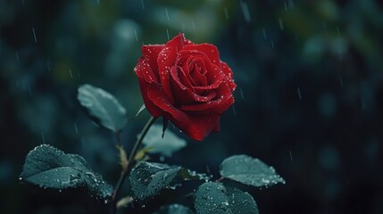 A close-up of a single red rose with dew drops, symbolizing love and romance