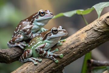 Naklejka premium Two Amazon Milk Frogs perched on a branch, displaying their vibrant green and brown patterns