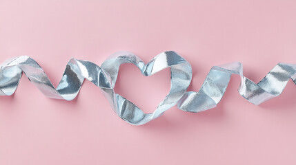 Decorative silver ribbon arranged in heart shape for Valentine's Day celebration