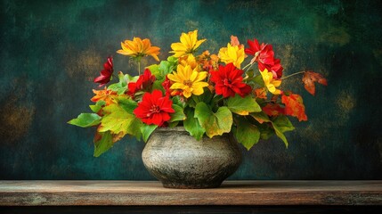 Vibrant Autumn Bouquet of Colorful Flowers in Decorative Vase