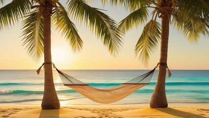 Hammock Between Palm Trees on Tropical Beach, Golden Sunset over Ocean Waves, Relaxation Paradise, Serene Travel Destination, Coastal Vacation Scene, Peaceful Beachfront Getaway