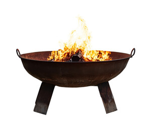 Rustic fire pit with vibrant flames, ideal for outdoor gatherings.