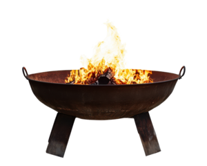 Rustic fire pit with vibrant flames, ideal for outdoor gatherings.