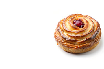 Fototapeta premium Spiral Pastry with Red Cherries on Top Placed Right Side Isolated on White Background with Copy Space