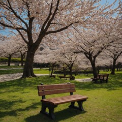 A quiet park with cherry blossoms in full bloom and a wooden bench.