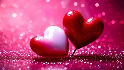 Fototapeta premium Two Red Hearts In Shiny Background - Valentine's Day (1)