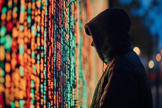 Person in hoodie faces glowing data screen at night, mysterious digital scene.