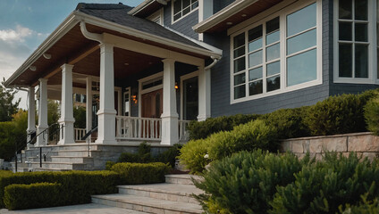 Fototapeta premium Residential House Exterior with Porch and Landscaping