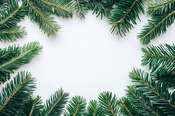 A detailed view of a pine tree branch, showcasing its needles and texture, set against a clean white background, evoking a festive Christmas atmosphere.