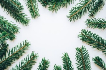 A detailed close-up of a pine tree branch, showcasing its rich green needles against a clean white background, evoking a festive Christmas spirit.