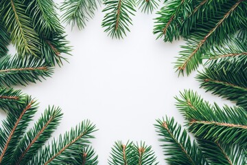A detailed close-up of a pine tree branch, showcasing its vibrant green needles against a crisp white background, evoking a festive Christmas spirit.