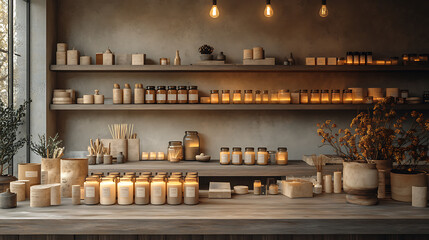 Minimalist candle shop sleek shelves holding candles in glass jars Tools like wax pouring jugs wicks and molds on the workbench in the background Modern and elegant atmosphere