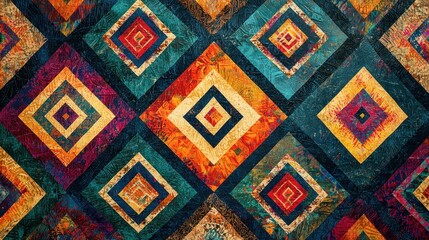A dynamic diamond pattern featuring bold colors and intricate designs, perfect for modern textiles