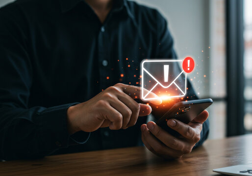 A professional businessman using a smartphone to check an urgent email notification alert featuring a red exclamation icon and glowing digital effects, representing communication and technology