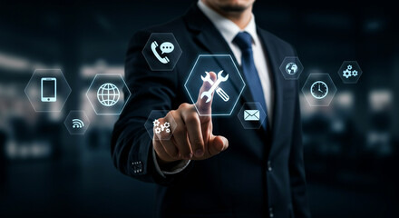 Professional business technology concept featuring futuristic virtual interface, digital tools, and innovation for workflow, solutions, and corporate success.