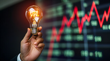 Hand holding a glowing light bulb in front of a business graph It is a symbol of innovation and new ideas.