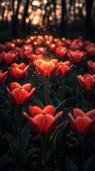 Obraz premium A magical scene of glowing tulips in a field during sunset, evoking beauty and tranquility.