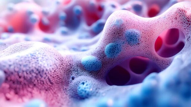 abstract organic material structure fluctuating and waving, bubbles motion, purple and blue, surreal animation