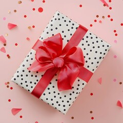 Close-Up of a Gift Box with Polka Dots and a Red Satin Bow