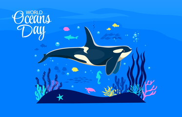 World ocean day banner with killer whale character at sea underwater landscape vector background. Cartoon funny orca or killer whale world ocean day card with fish, turtle and seahorse silhouettes