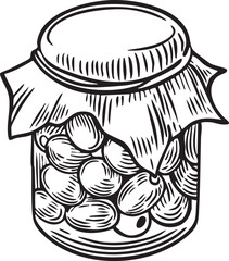 Glass jar of pickled olives engraved isolated on white background.