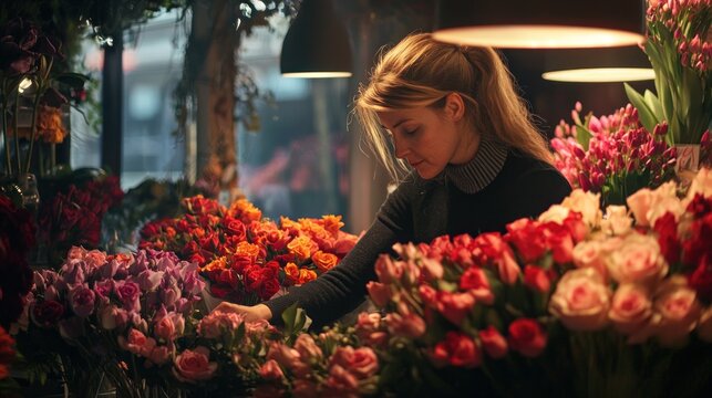 A dynamic image of a florist creating Valentine's Day arrangements, showcasing creativity and artistry