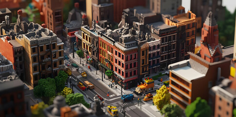 Obraz premium A detailed miniature cityscape featuring buildings, streets, and vehicles.