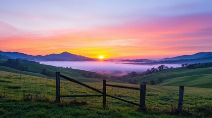 Fototapeta premium Serene Sunrise Over Vast Green Landscape